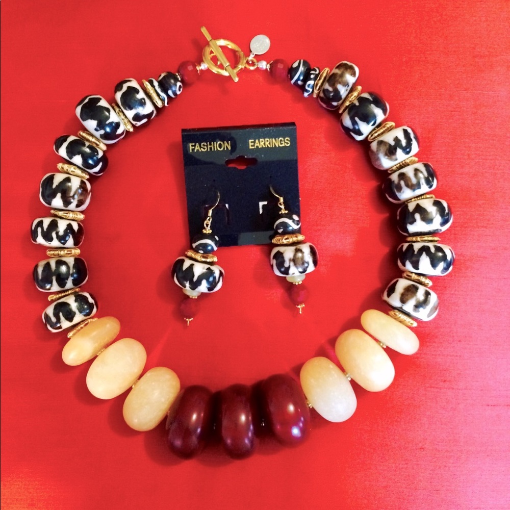 Copal, mud beads and vermeil necklace & earrings